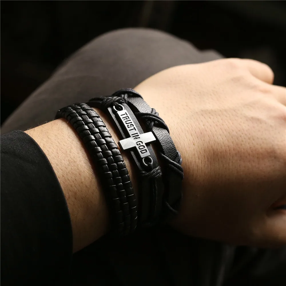 Trendy Black Brown Genuine Leather Woven Guitar TRUST IN GOD Cross Charm Men Bracelets Women Homme Casual Gift 3 Pcs/set Jewelry