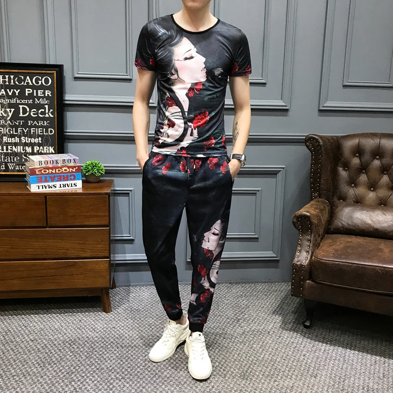 

Spring 2 2020 Piece Set Men Girl Print Outfits Men Set Short Sleeve T Shirt 2 Piece Set Top And Pants Men High Quality Tracksuit