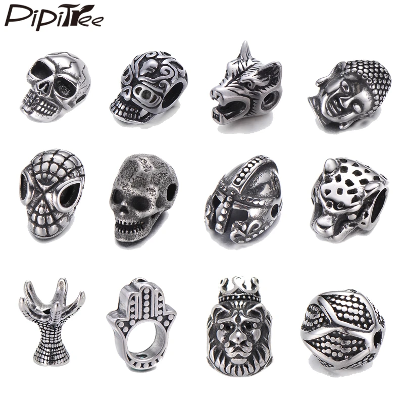 Pipitree DIY Stainless Steel Beads Black Vintage Buddha Claw Leopard Skull Beads Charms for Men Bracelet Jewelry Making 1pcs