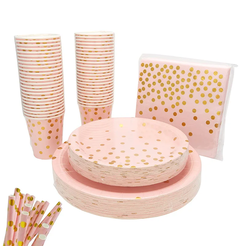 125pcs pink gold party decor dot shape disposable tableware set let's celebrate paper plate cup napkin kids birthday wedding par