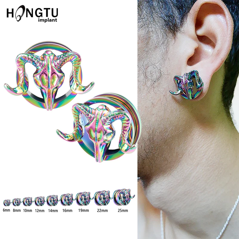 2PCS 3D Sheep Head Rainbow Steel Ear Flesh Tunnel Plugs Single Flared Hollow Screw Ear Expander Gauge Earlobe Piercing Jewelry