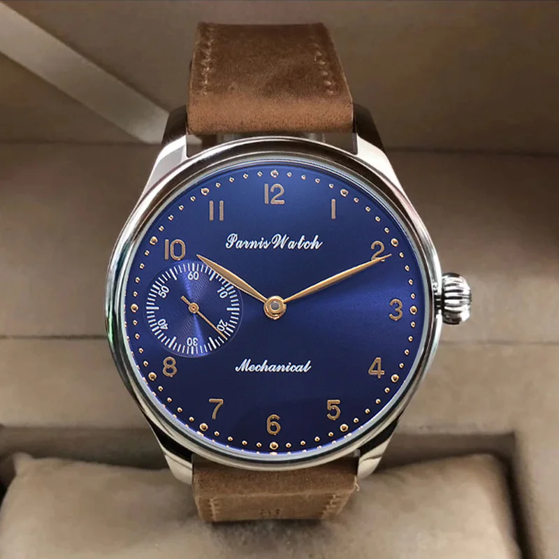 2026 Fashion Parnis 44mm Blue Dial Sapphire Crystal Men Watch Leather Strap Mechanical Hand Wind Men's Watches reloj hombre Gift