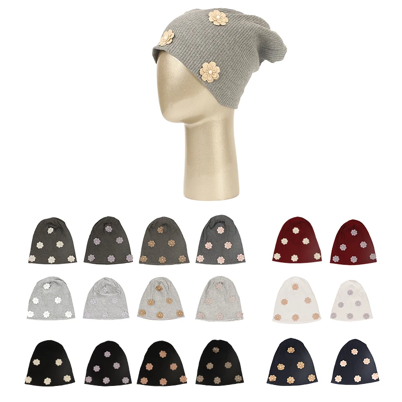 

Elegant Flower Ribbed Beanie Hat For Women New Fashion Autumn Winter Soft Warm Knitted Beanies Female Slouchy Skullies Hats