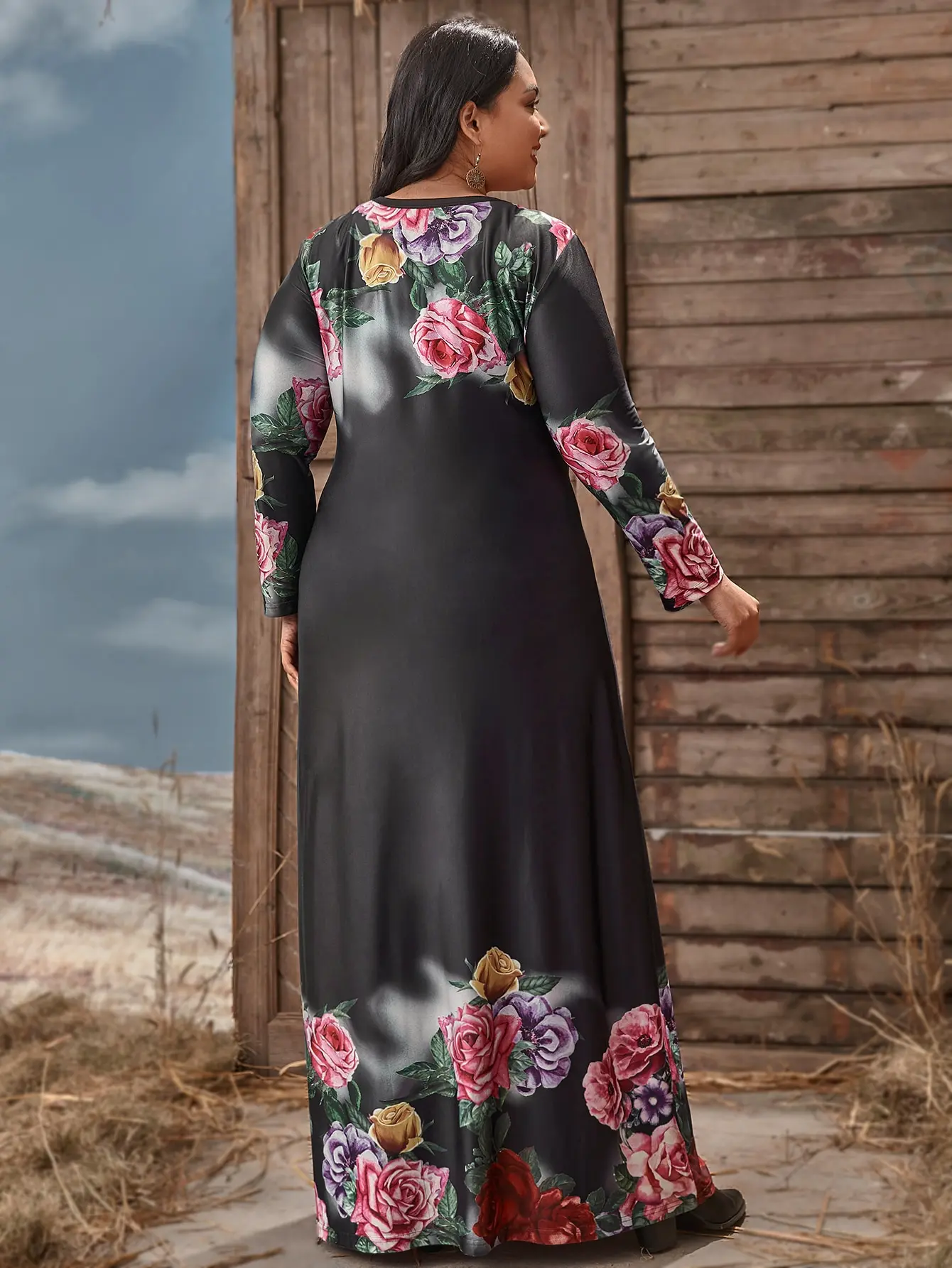 Autumn Winter Dress Women Long Sleeve Rose Floral Print Casual Dress Black Maxi Long Dresses Plus Size Women Clothing