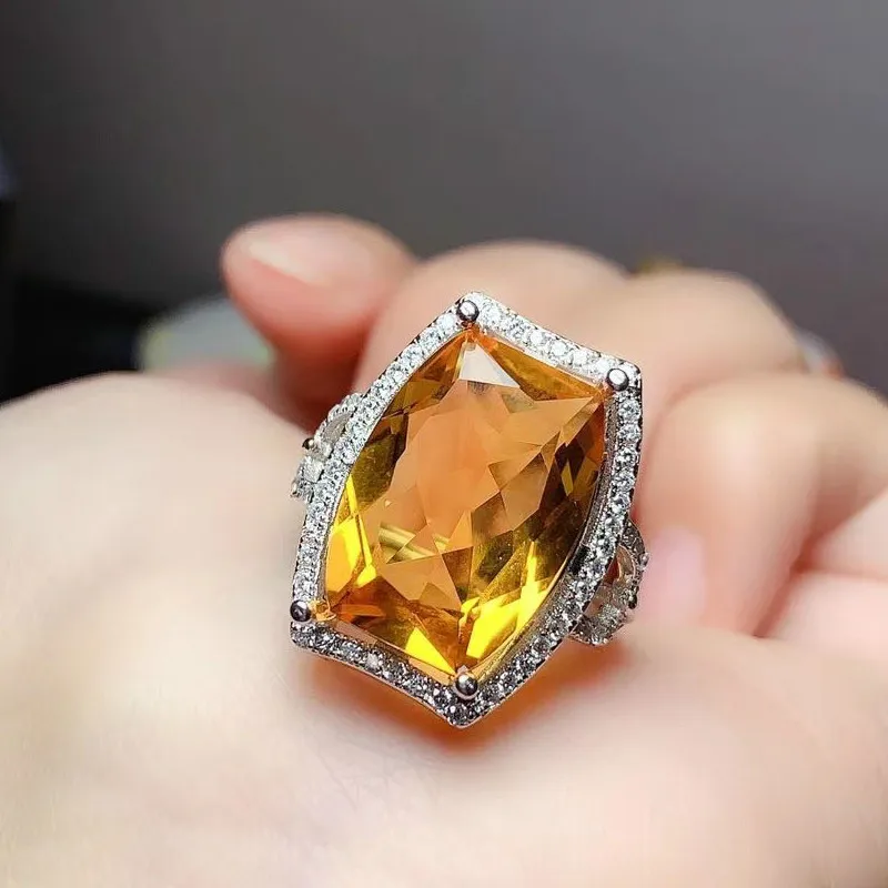 Jewelry 925 Silver Citrine Ring for Daily Wear 13mm*18mm Natural VVS Grade Citrine Ring Fashion Yellow Crystal Silver Ring