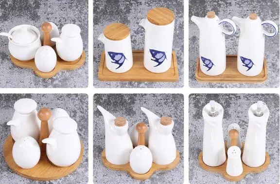 5-piece ceramic seasoning bottle soy sauce vinegar oil pot seasoning pot set kitchen supplies bamboo and wood seasoning box