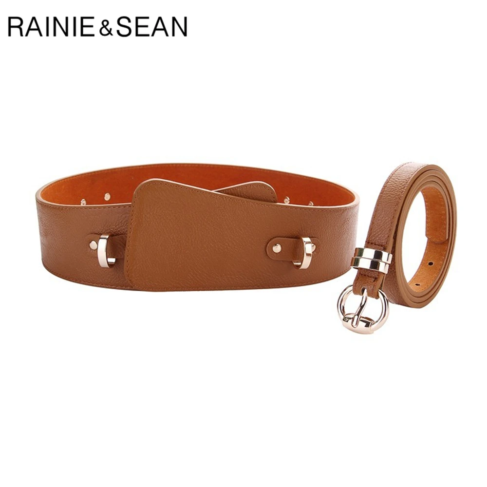 RAINIE SEAN Wide Belts for Dresses Genuine Leather Cummerbunds for Women Brown Black Real Cowskin Vintage Brand Wide Corset Belt