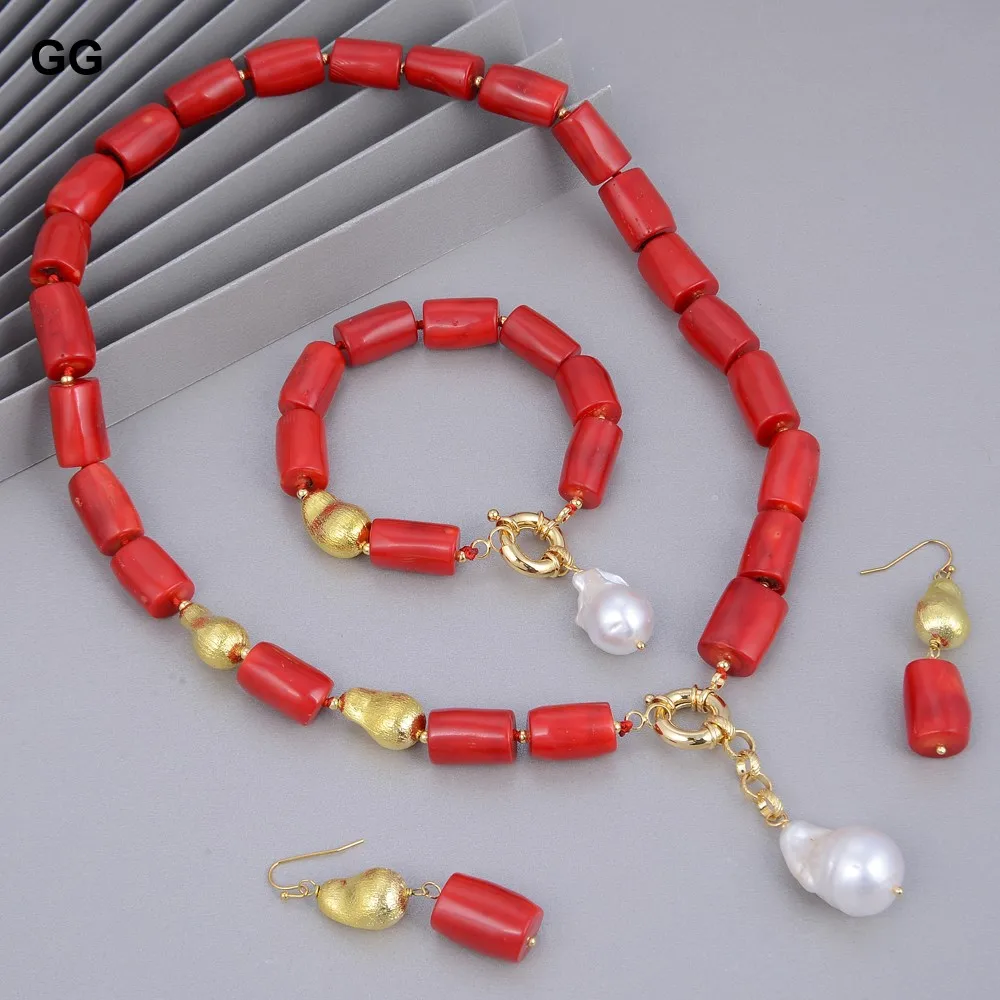 

G-G Natural White Keshi Baroque Pearl Red Coral Gold Color Plated Brushed Beads Necklace Bracelet Earrings Sets