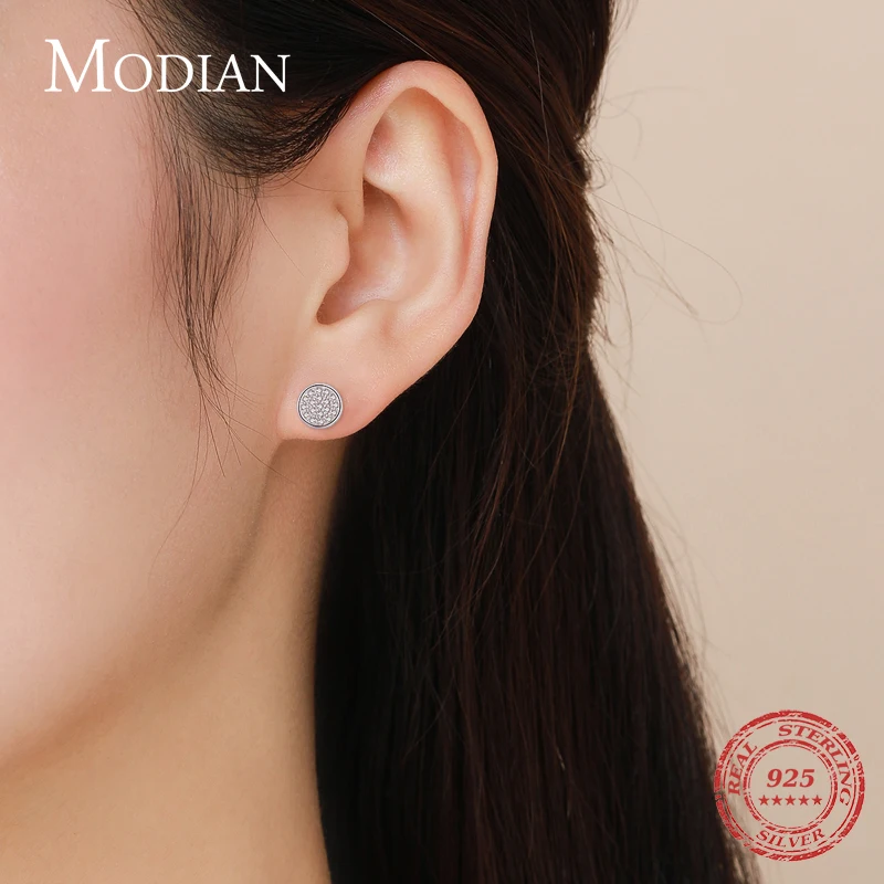 MODIAN Solid 925 Sterling Silver Round Simple Exquisite Clear CZ Buttons Stud Earrings For Women Girls Anti-allergy Fine Jewelry