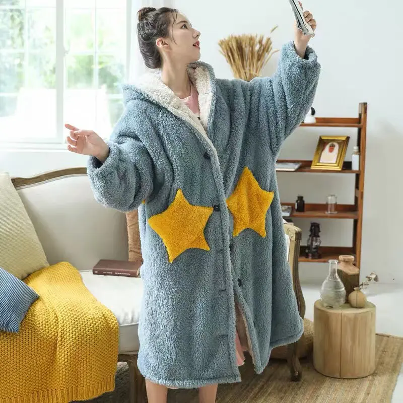 

Winter Thick Coral Fleece Sleepwear Robe Winter Women Hooded Nightgown Kimono Bath Gown Loose Flannel Long Nightdress Home Wear