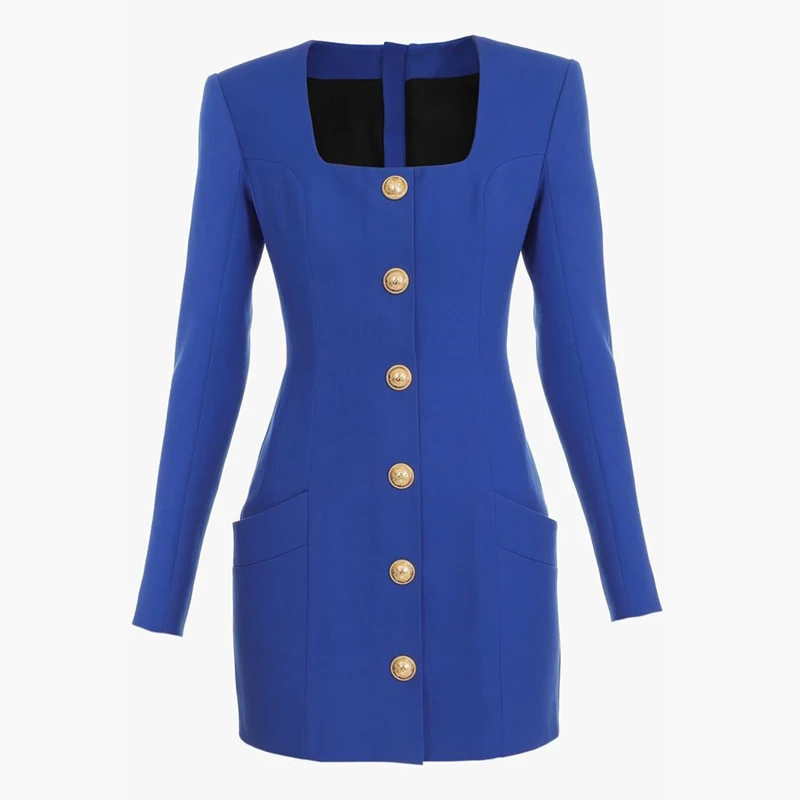 Fall New Fashion Solid Color Square Collar Single Row Golden Buttons Long Sleeve Slim Zipper Pocket Short Woman Dress