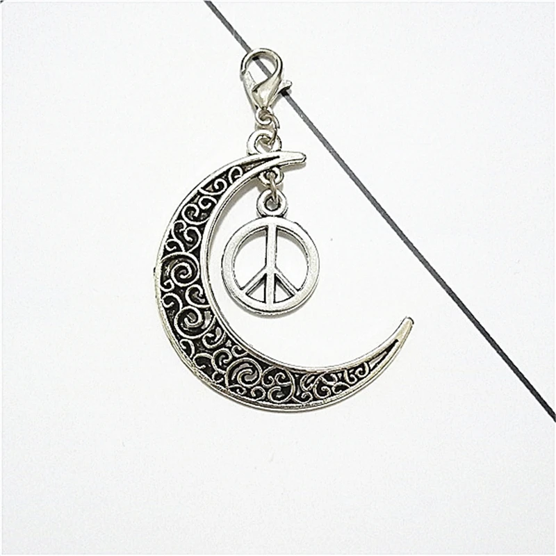 2 Pcs Antique Silver Color Peace Charm Moon Clip on charm Moon Lobster Buckle, Fantasy Jewelry Dropshipping