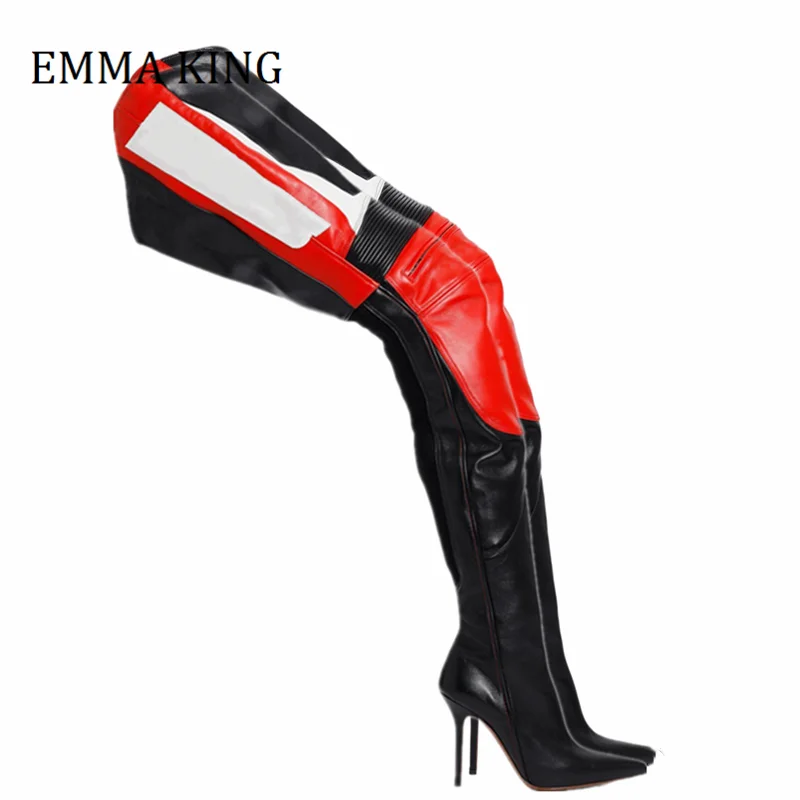 2021 Spring Autumn Women Boots Black And Red Motorcycle Boots Pointy Toe Over the Knee Boots Sexy Thigh-High Boots Big Size 44