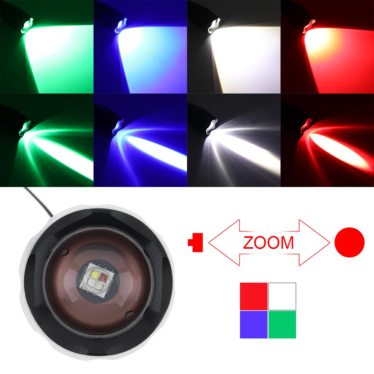 SecurityIng A100 Multi-function Strong Light Flashlight Waterproof RGB Red Green Blue White Light Torch for Camping/Hiking