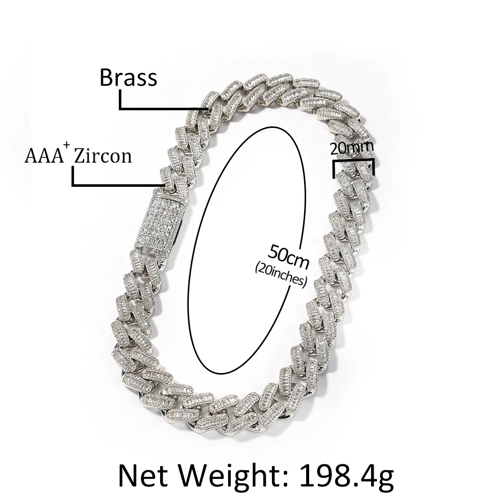 Hip Hop Claw Setting 3A+ CZ Stone Bling Iced Out 20mm Big Heavy Square Cuban Miami Link Chain Necklaces for Men Rapper Jewelry