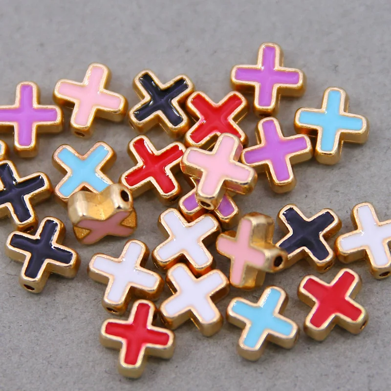 10pcs 10mm Colored Enamel  Beads Cross Beads Handmade Fit For charm Jewelry Making  Cross Spacer Beads Accessories