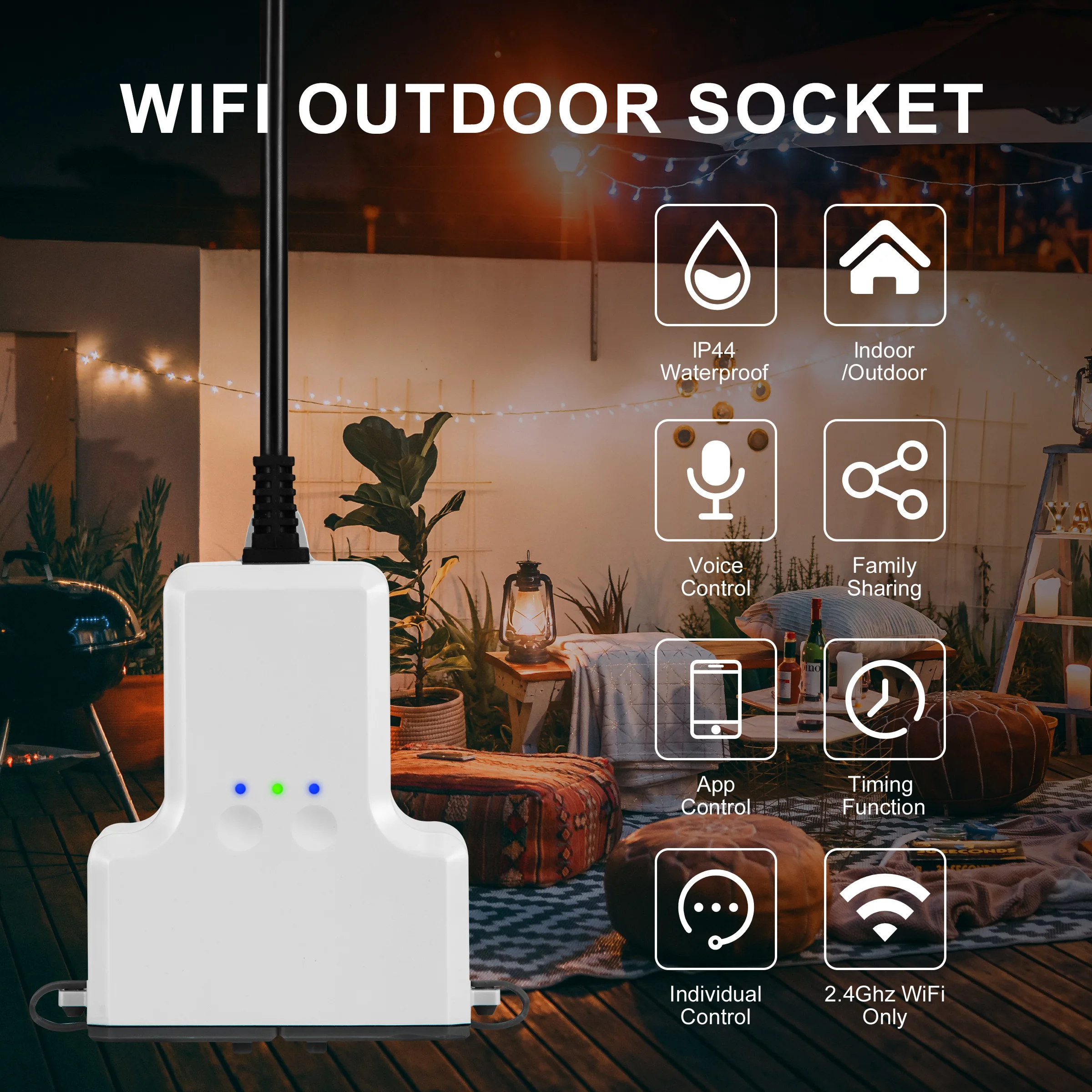 GIRIER-enchufe inteligente WiFi para exteriores, dispositivo con 2 salidas, 16A, Control remoto inalámbrico por aplicación Smart Life, funciona con Alexa y Google Home