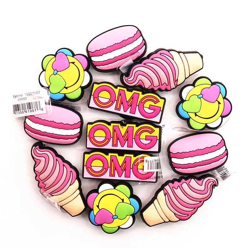 Dropshipping OMG Shoe Charms PVC Pink Ice Cream Macaron Deaigner Shoes Sandals Accessories for Kids Party Gifts F15AL