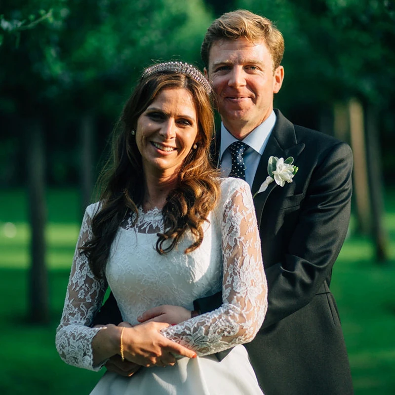 Vestidos de novia de satén con lazo grande y cuello redondo, vestido de novia de talla grande, estilo rústico, elegante, manga larga de encaje, botones, para fiesta de boda