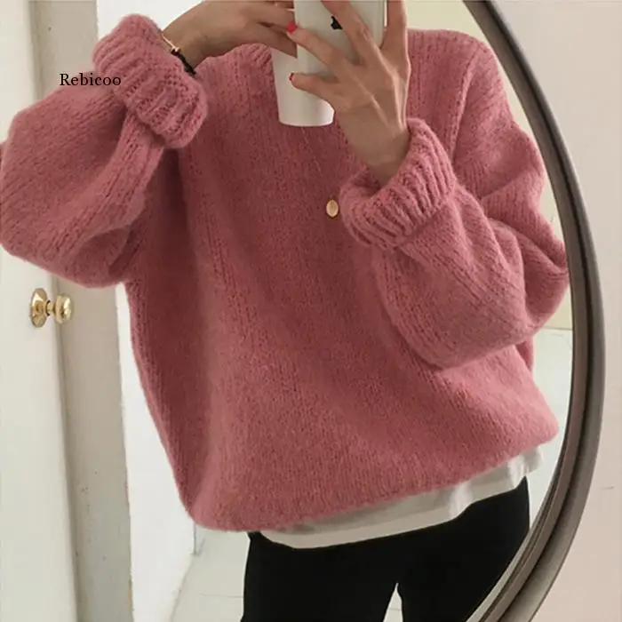 Pink Women Sweater Pullover Female Knitting Overszie Sweaters Long Sleeve Girls Loose Elegant Knitted Thick Outerwear