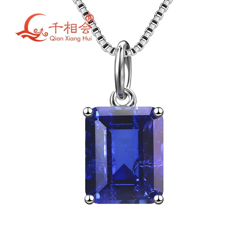 925 silver  emerald cut  blue color Artificial sapphire 8x10mm with inclusions main stone Jewelry for Pendant Necklace