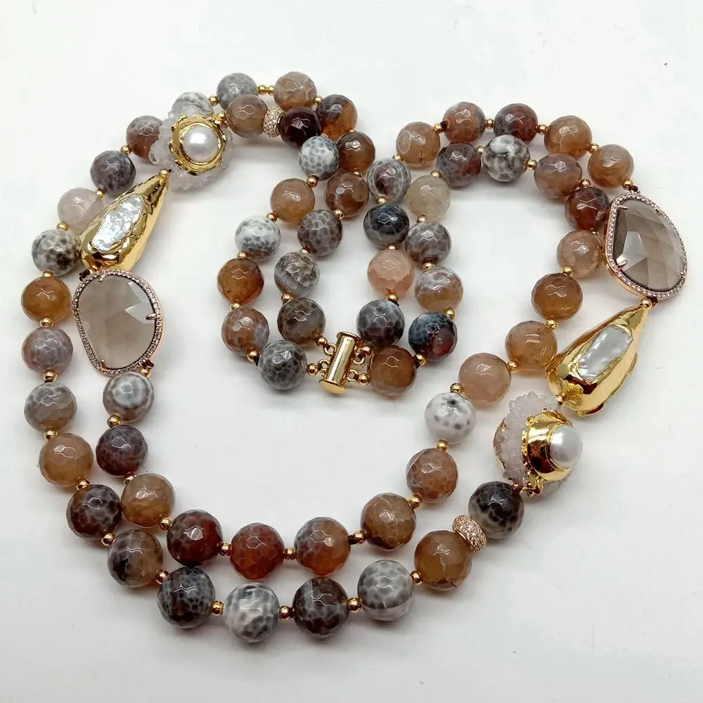 Y·YING 2 Strands 12mm Faceted Round Brown Fire Agates Crystal Pearl Quartz Druzy Choker Necklace 21