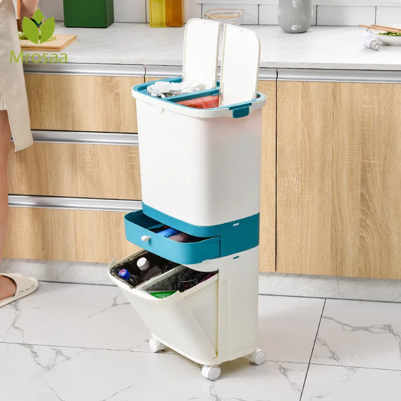 

3 Layer Classification Trash Can Kitchen Plastic Dustbin Wet and Dry Press Recycle Stacked Sorting Rubbish Waste Bin With Wheel