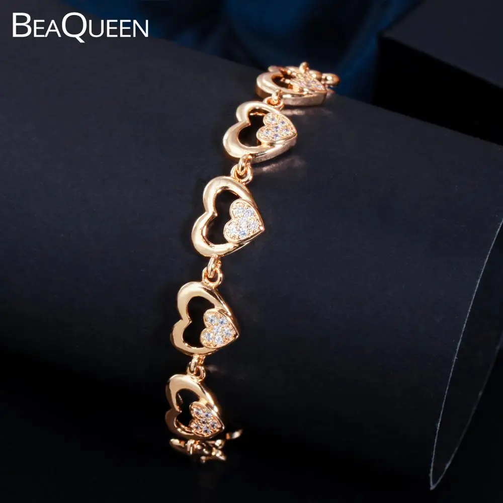 BeaQueen Delicate Double Heart Design 585 Gold Color Cubic Zirconia Link Chain Bracelets Women Fashion Jewelry for Gift B213