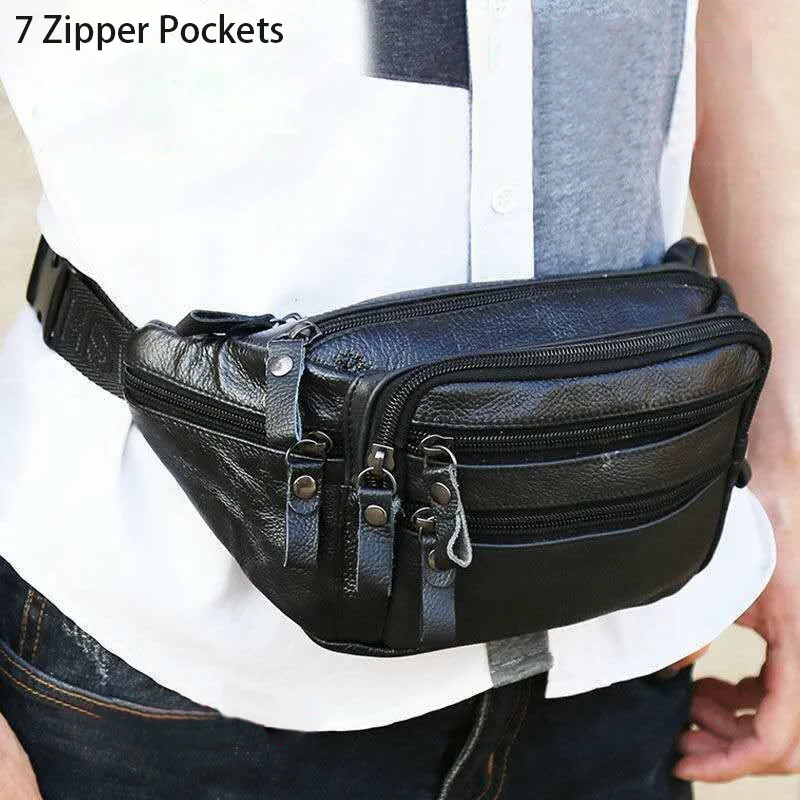 JCHENSJ Genuine Leather Men\'s Fanny Pack Waist Bag For Men Large Capacity Men\'s Belt Bag 7 Zipper Pocket Outdoor