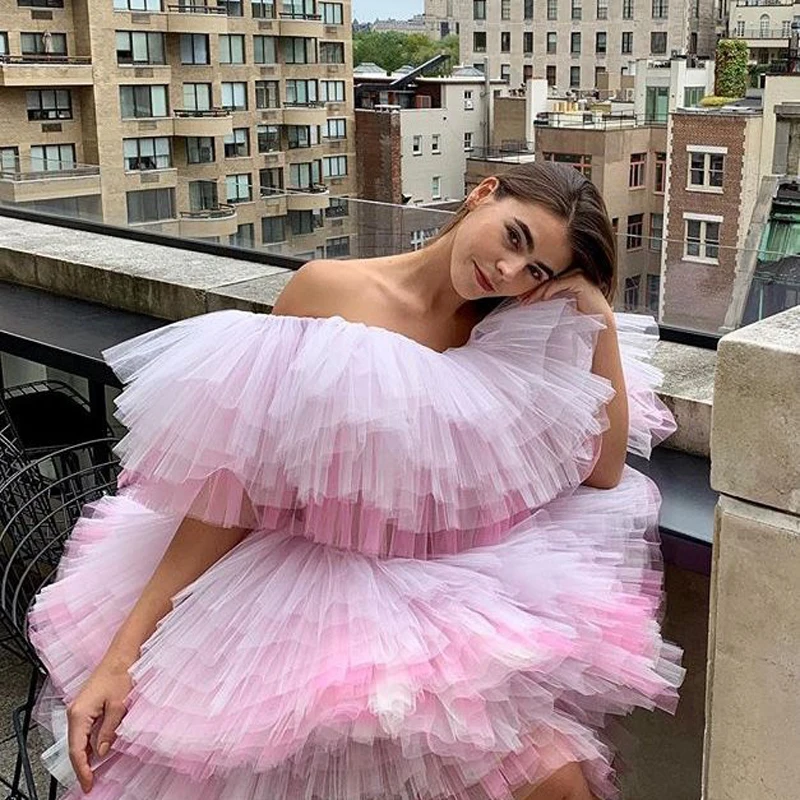 Blush Pink Tulle Dresses For Birthday Photo Shoot Off The Shoulder Extra Puffy Party Gown Tiered Hald Sleeves Mini Ruffles Robes