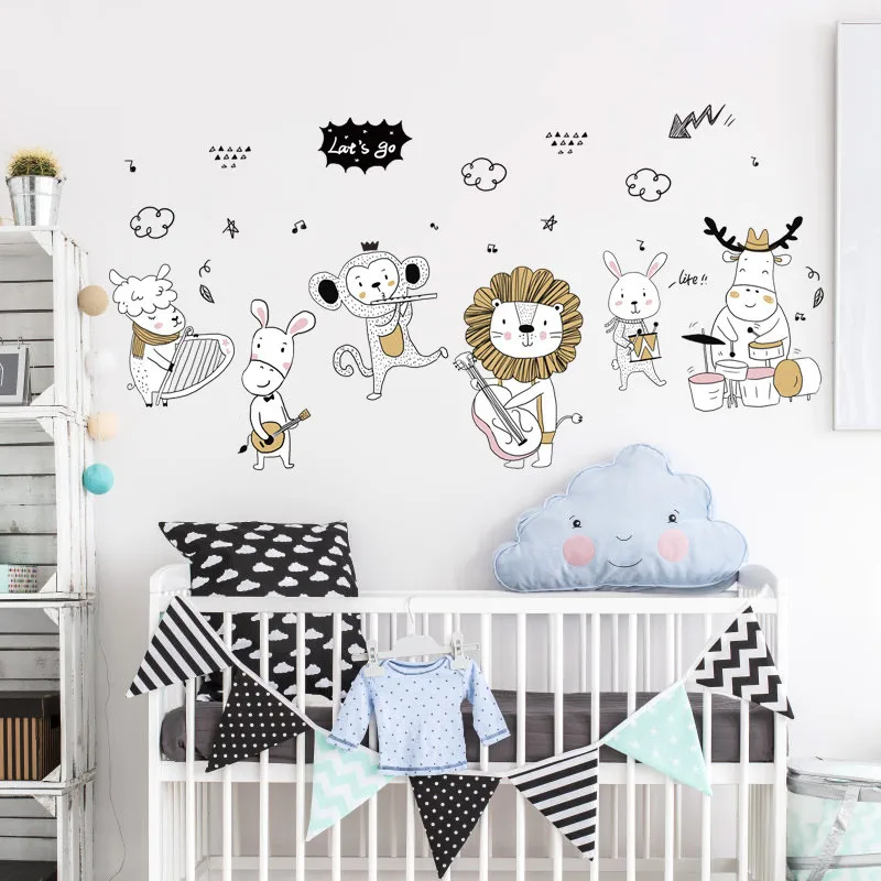 1 Pc Cute Cartoon Animal Music Party Wall Sticker Kids Room Bedroom Door Stickers PVC Mural DIY Wallposter Home Decoration