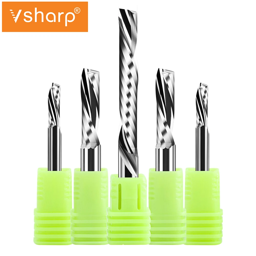 Vsharp AAA Left Spiral Milling Cutter Down Cut One Flute CNC End Mill 6 8 10 mm Shank Engraving Bits Tungsten Steel Acrylic