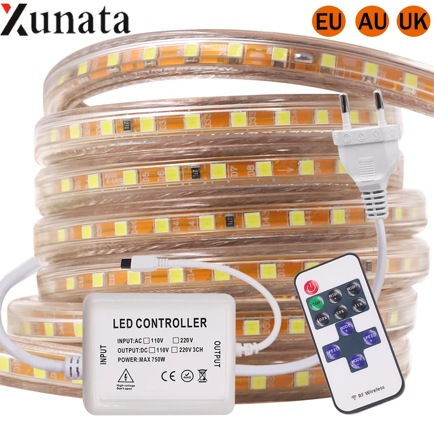 

AC220V Flexible LED Tape SMD2835 120LEDs/M LED Strip Light Waterproof LED Ribbon with 11 Key IR Dimmer EU/AU/UK Plug for Decor