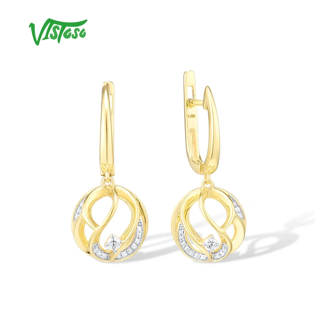 VISTOSO Gold Earrings For Women Pure 14K 585 Yellow Gold Sparkling Diamond Round Dangling Earrings Elegant Delicate Fine Jewelry