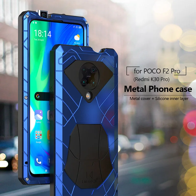 For Xiaomi Redmi K30 Pro Phone Case Hard Aluminum Metal Heavy Duty Protection Cover for Mi POCO F2 Pro with Tempered Glass