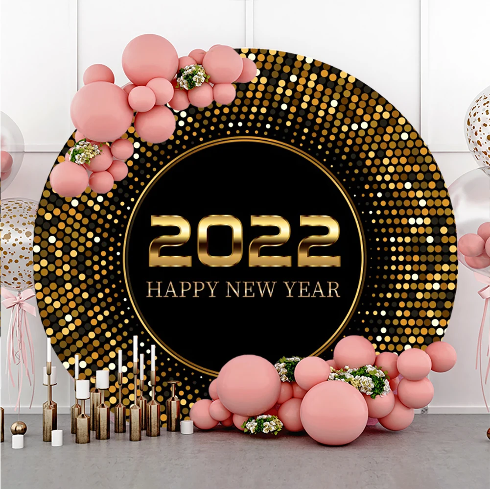 Happy New Year of 2022 Carnival Party Celebration Circle Backdrops Round Background Elastic Gold Dots Photocall For Photo Studio