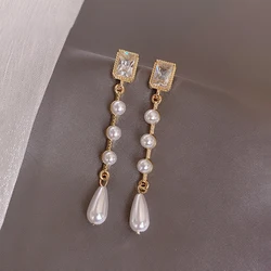 2023 Korean  Fashion Vintage Baroque Pearl Tassel Drop Earrings for Women Long Chain Freshwater Dangle Earrings Jewelry Ear Line
