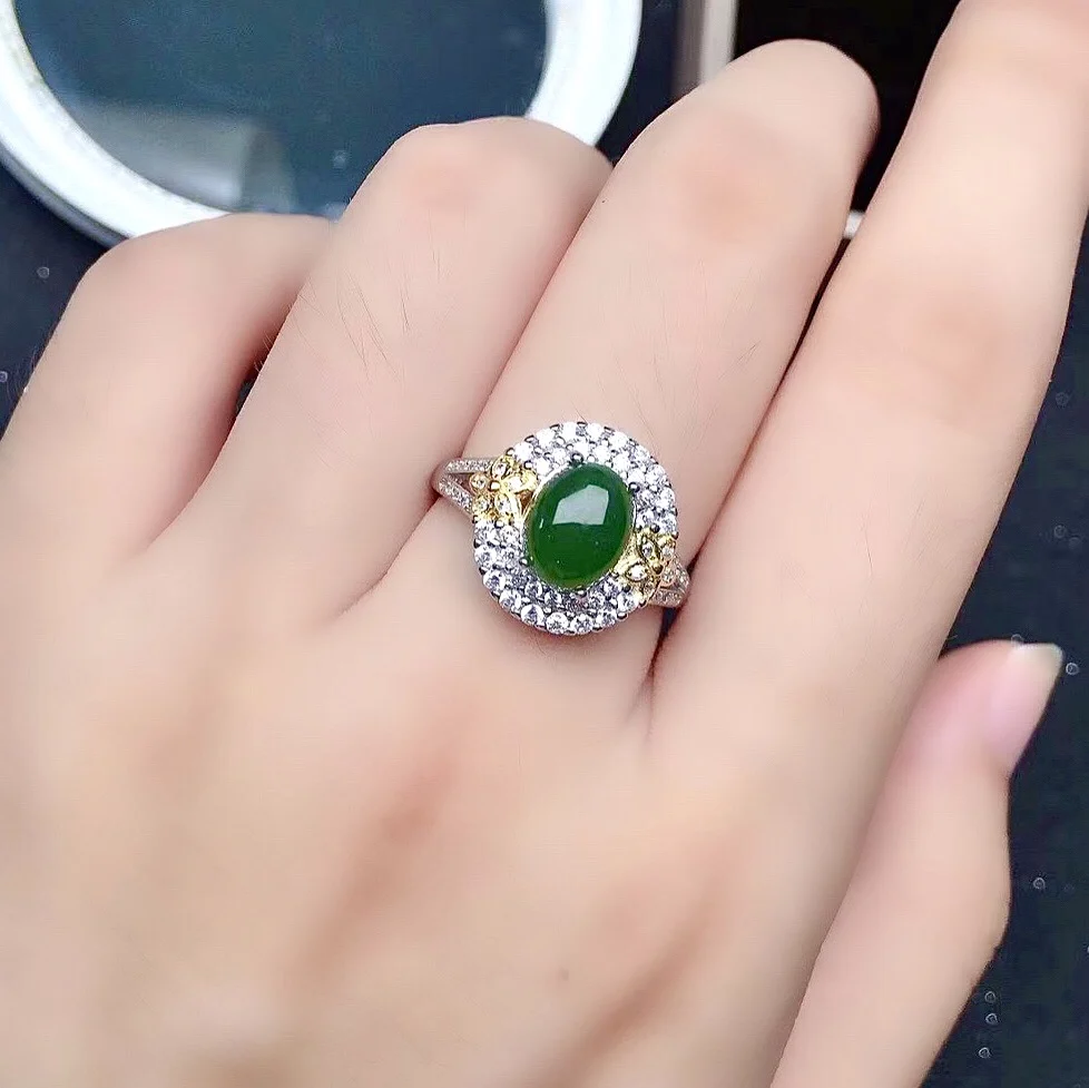 

New Fashion Silver Jade Ring for Party 6mm*8mm Natural Chinese Jade Silver Ring 925 Sterling Silver Green Jade Jewelry