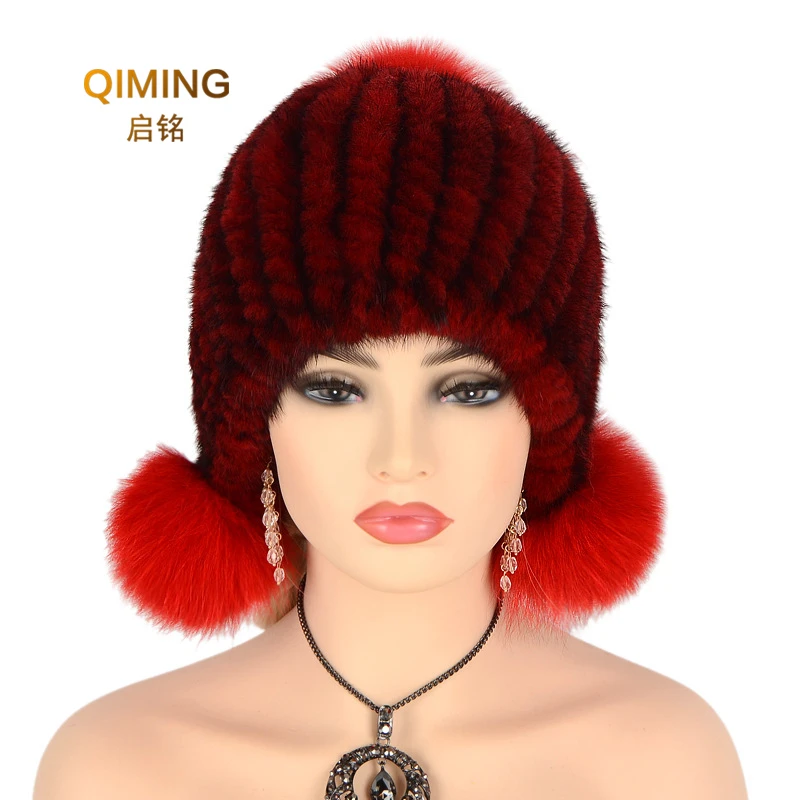 

Real Mink Fur Hat For Women Warm Winter Hats Knitted Mink Fur Pom Pom Cap With Fox Fur Ball Cap Beanies