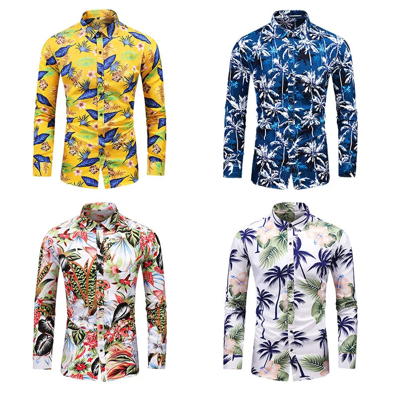 5XL 6XL 7XL Shirt Men New Autumn Personality Printed Long Sleeve Shirts Mens Casual Plus Size Flower Beach Hawaiian Shirt Party