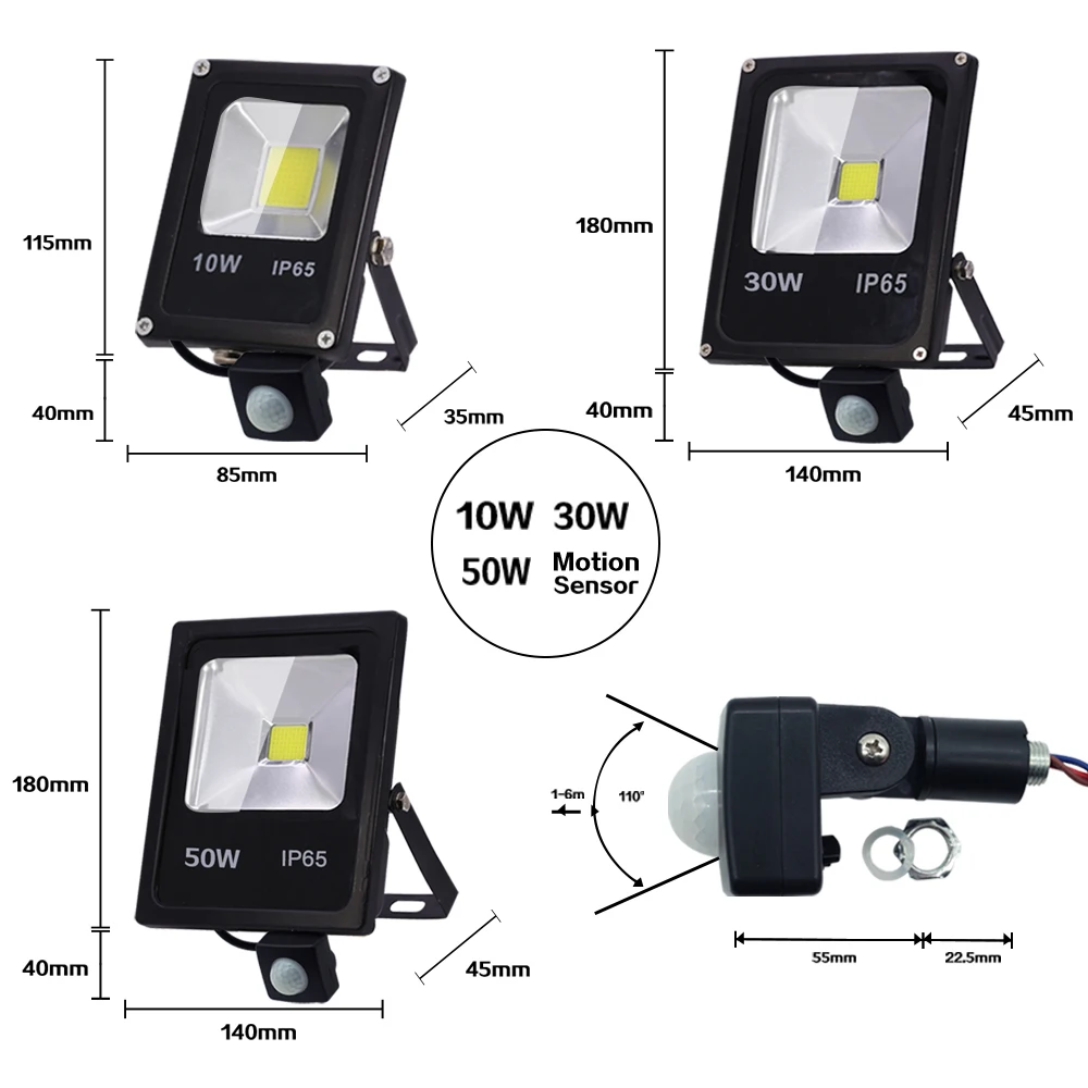 220V Led Floodlight 10W 30W 50W Reflector Flood Light Waterproof Ip65 Garden Spotlight Pir Motion Sensor Wall Outdoor Lighting