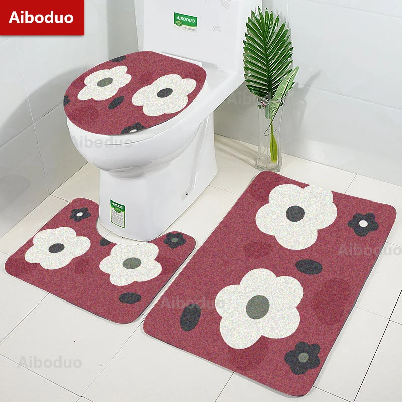 

Aiboduo Cute Pink Flowers Non Slip 3pcs/set Toilet Lid Cover Set 40*60cm BathMat Carpet Restroom Rug Girl Heart Home Decoration