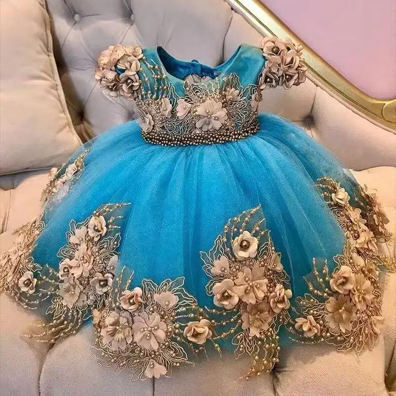 Vestidos azules para niñas pequeñas, Vestido de manga corta con apliques de perlas doradas, vestido de primer cumpleaños para niños pequeños, vestido de bautizo con abertura en la espalda