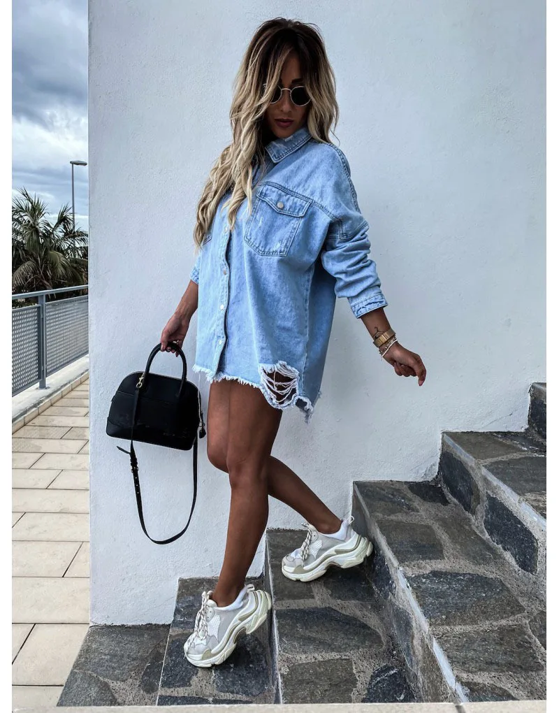 2023 Fall New Women\'s Long Sleeve Denim Shirt Fashion Ripped Mid-length Jeans Shirt Tops Boyfriend Loose Shirts S-XL drop ship