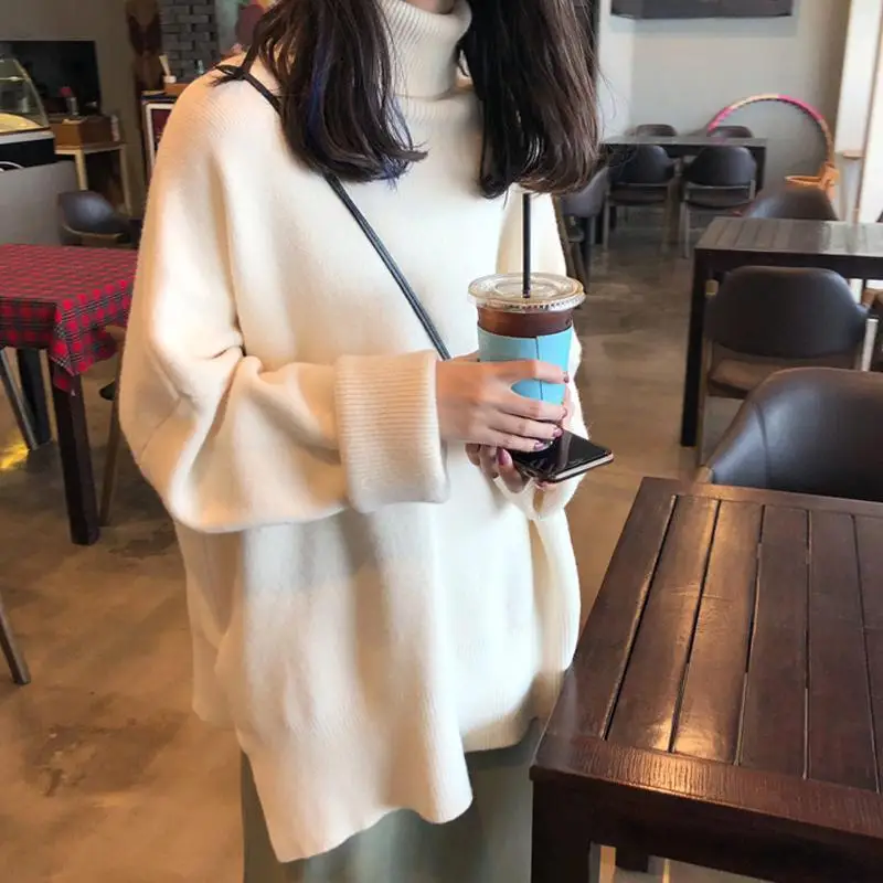 

Blue 2021 Pulloveres Overszie Casual Women Black Turtleneck Collar Sweater Spring Autumn Pattern Long Sleeve Solid Knitting Tops