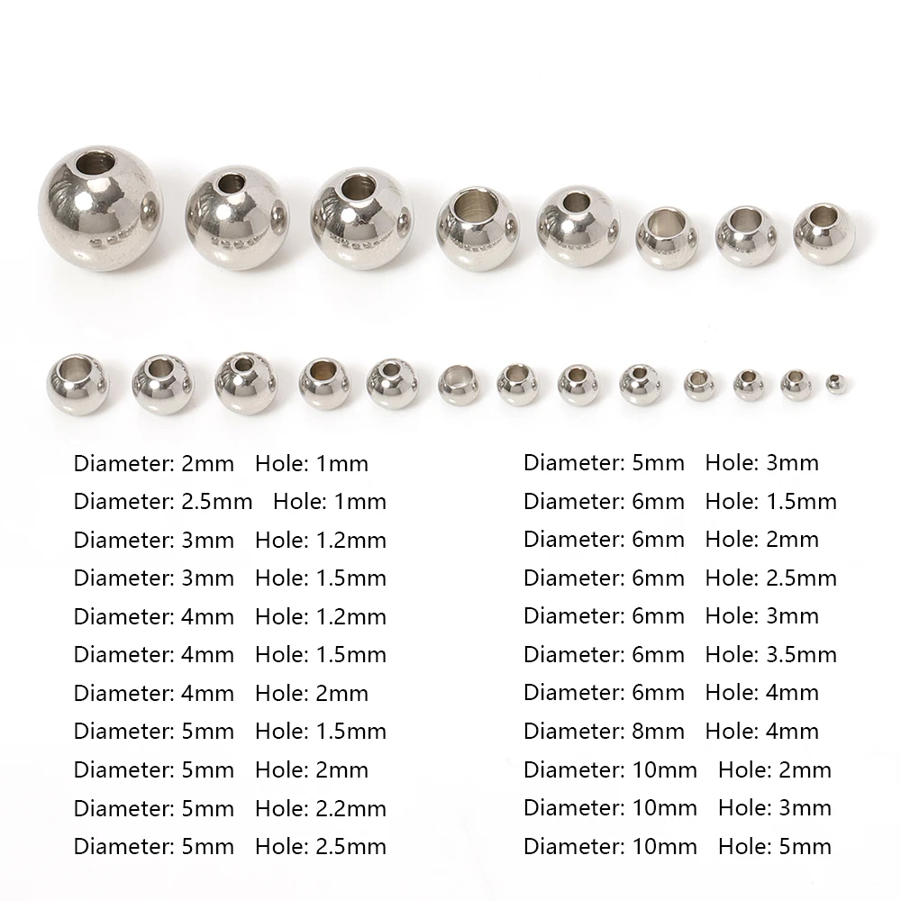 100pcs Stainless Steel Spacer Loose Beads Ball 3-10mm Big Small Hole for Charms Bracelets Necklaces Jewelry Making Wholesale