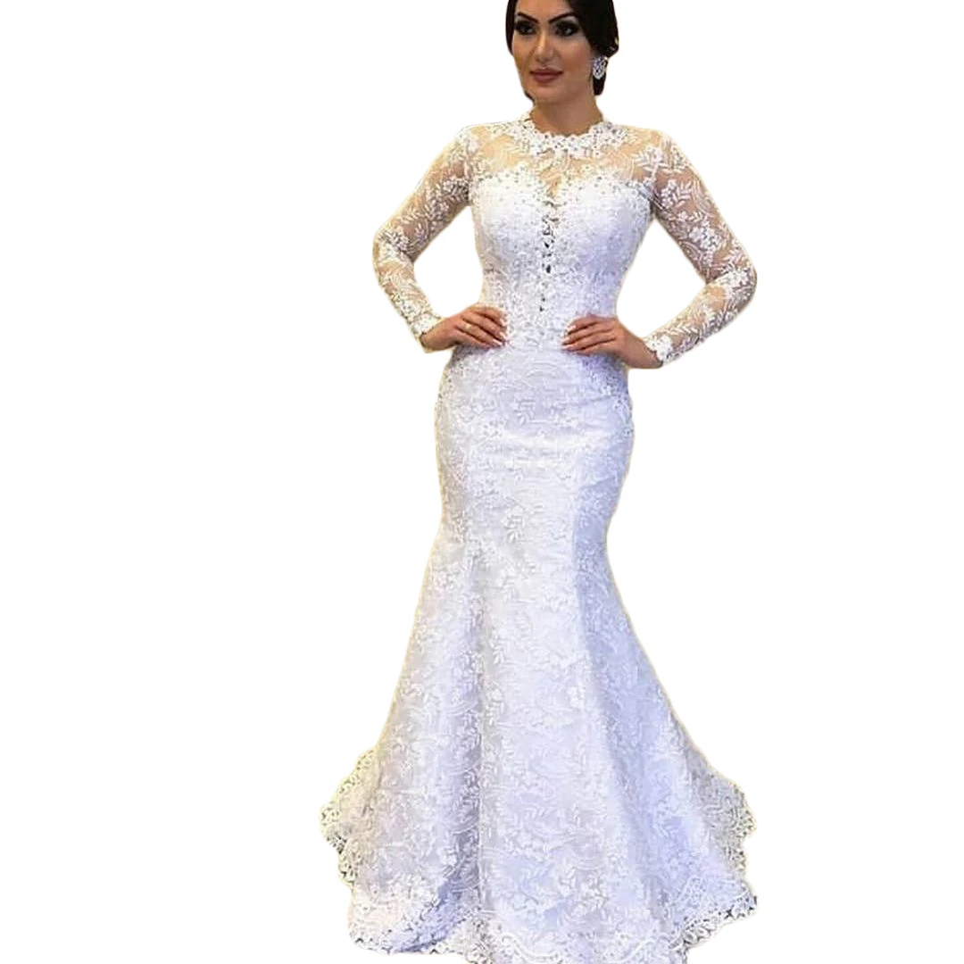 Plus Size Mermaid Wedding Dress Elegant O Neck Long Sleeve Bridal Gowns robes de mariée Lace Appliques Bride Dresses