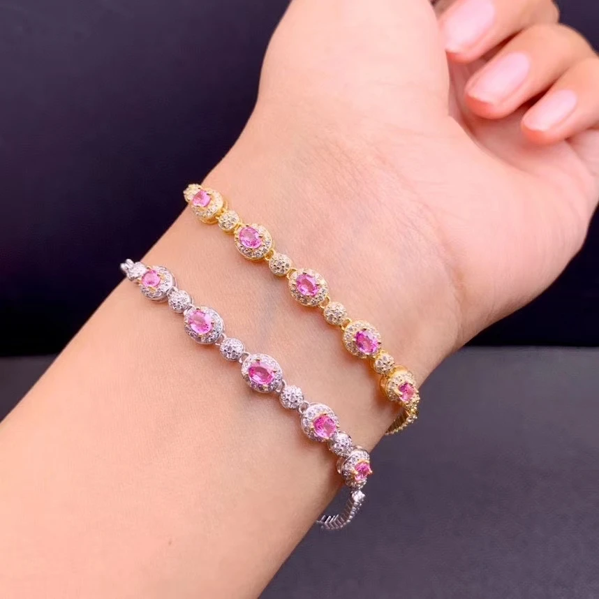 

pink Sapphire gemstone bracelet for women jewelry natural gem certificate real 925 silver gold plated birthstone party gift