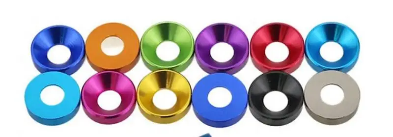 Parafuso principal escareado anodizado de alumínio, arruelas, gaxeta, vermelho, cinza, azul profundo, preto, roxo, M2, M3, M4, M5, M6, 20Pcs