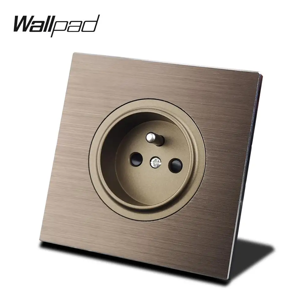 EU French Wall Electrical Socket Brown Brushed Aluminum Metal Panel Frame Grounded 86x86mm Square Box Needed Wallpad L6
